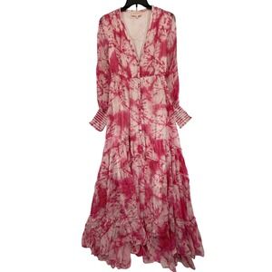 Rococo Sand Ava Maxi dress Pink Tie Dye Gold Metallic Long Sleeve Size‎ M